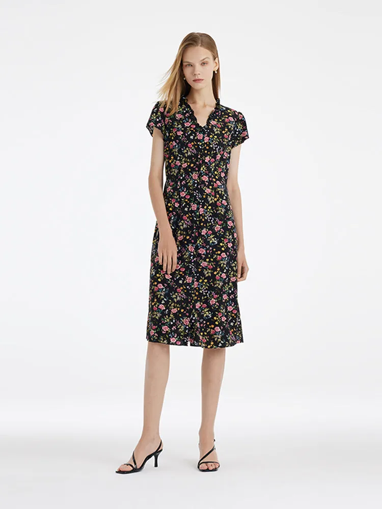 Mulberry Silk Ruffle Collar V-Neck Women Midi Dress