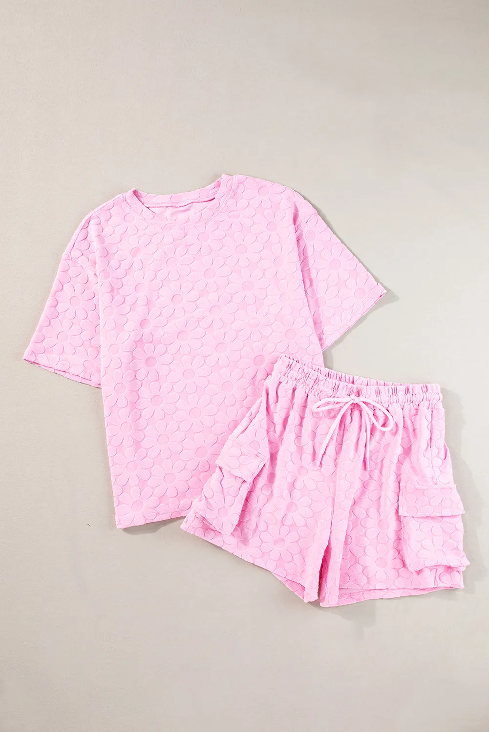 Pink Floral Textured Short Sleeve Top and Shorts Lounge Set