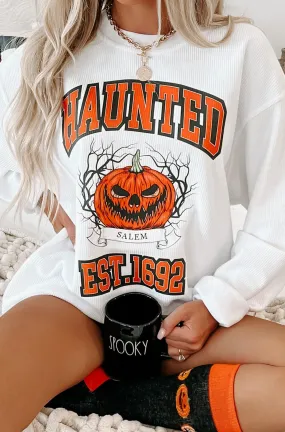 "Haunted" Corded Graphic Crewneck (White) - Print On Demand