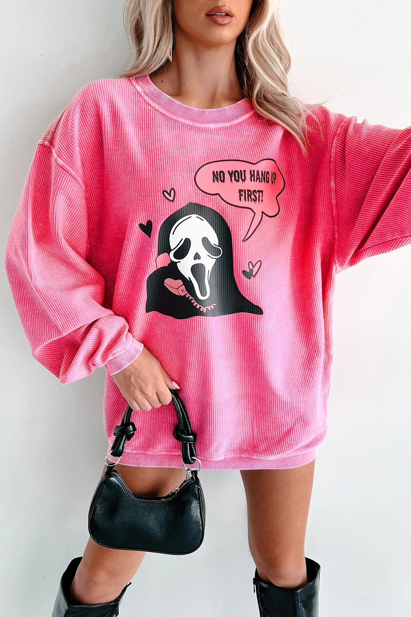 "You Hang Up First" Corded Graphic Crewneck (Bubblegum) - Print On Demand