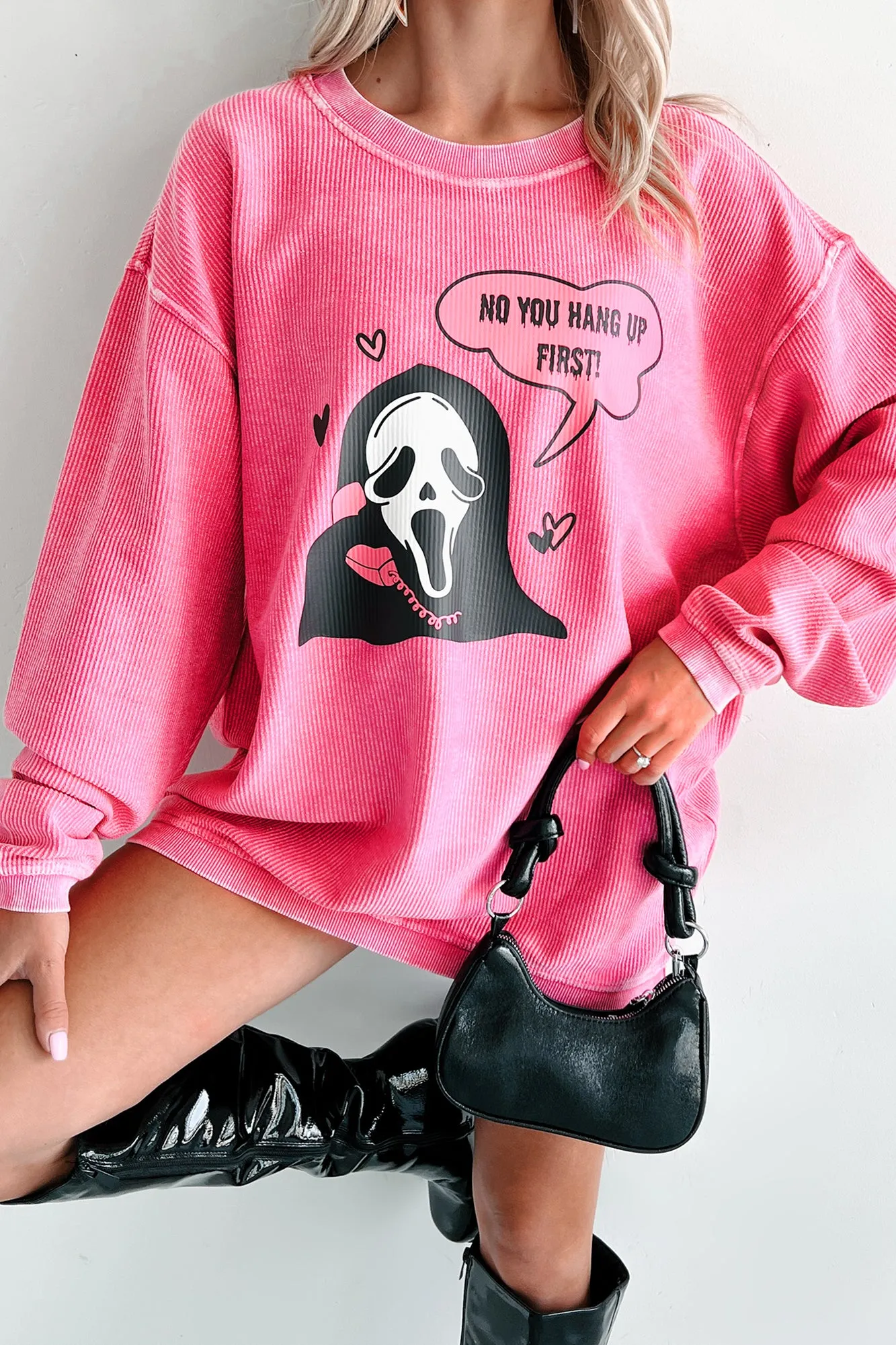 "You Hang Up First" Corded Graphic Crewneck (Bubblegum) - Print On Demand