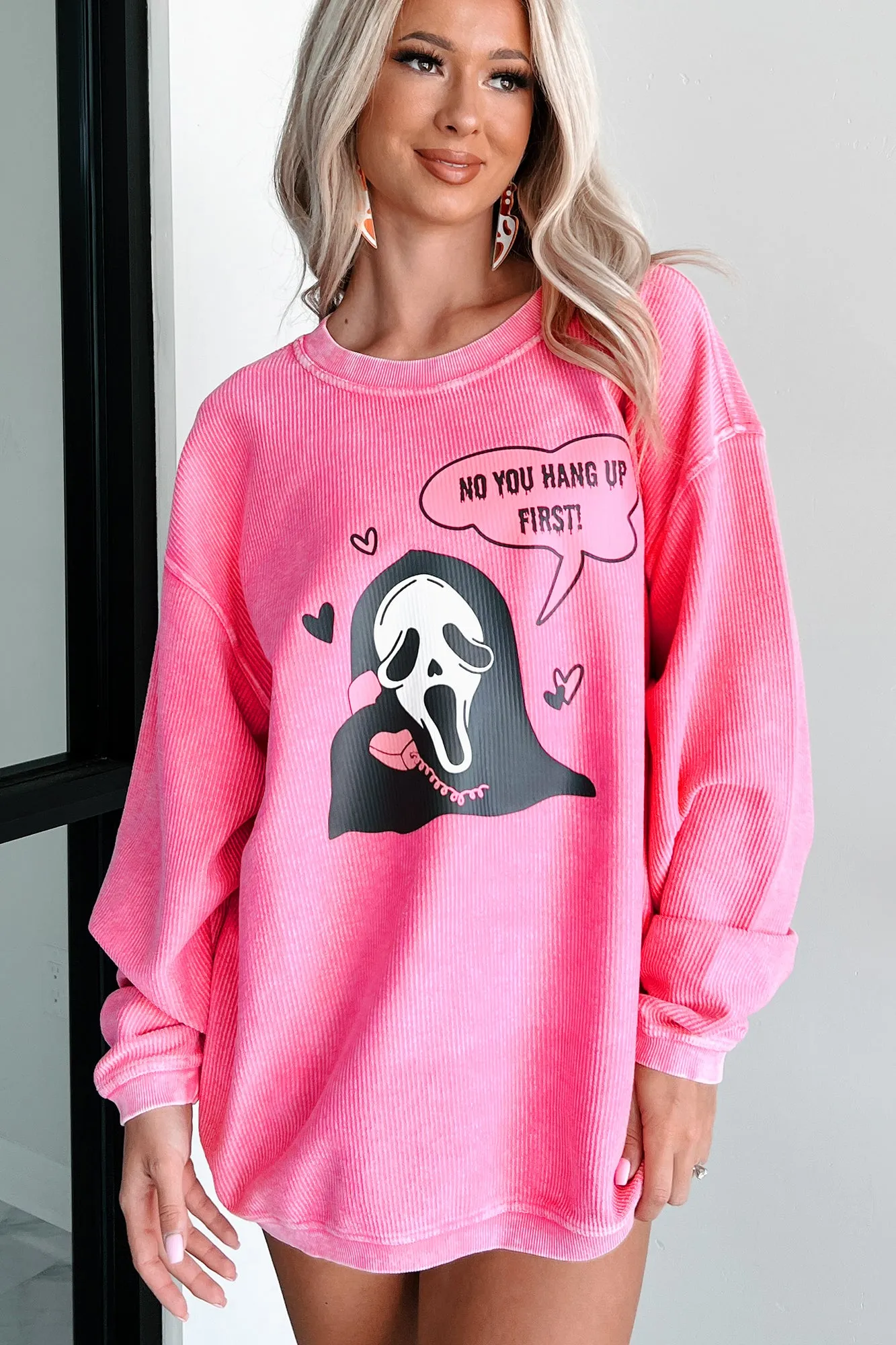 "You Hang Up First" Corded Graphic Crewneck (Bubblegum) - Print On Demand