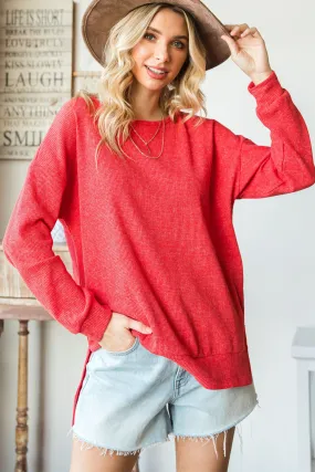 Waffle Knit Side Slit Pullover Top