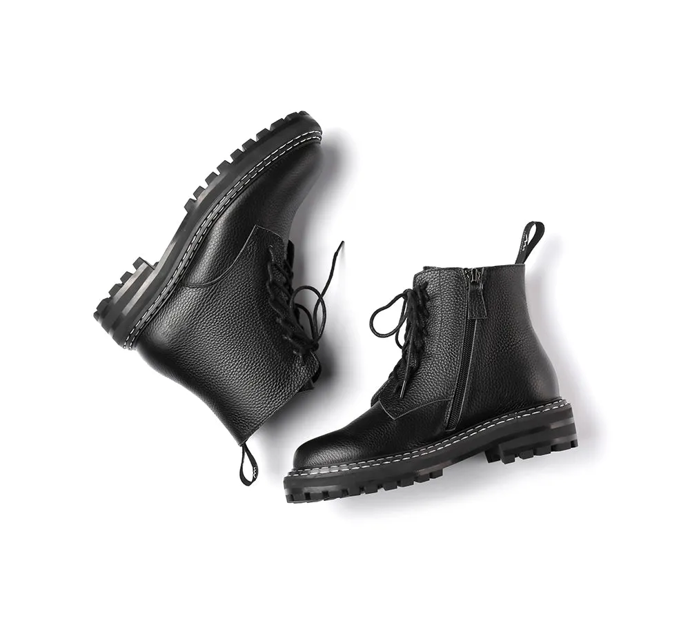 Women Leather Boots Black Zipper Chunky Marten Boots Leona