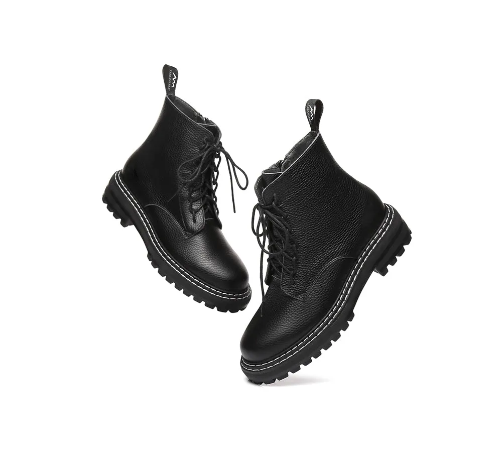 Women Leather Boots Black Zipper Chunky Marten Boots Leona