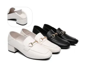 Women Leather Gold Buckle Low Block Heel Loafers Mia