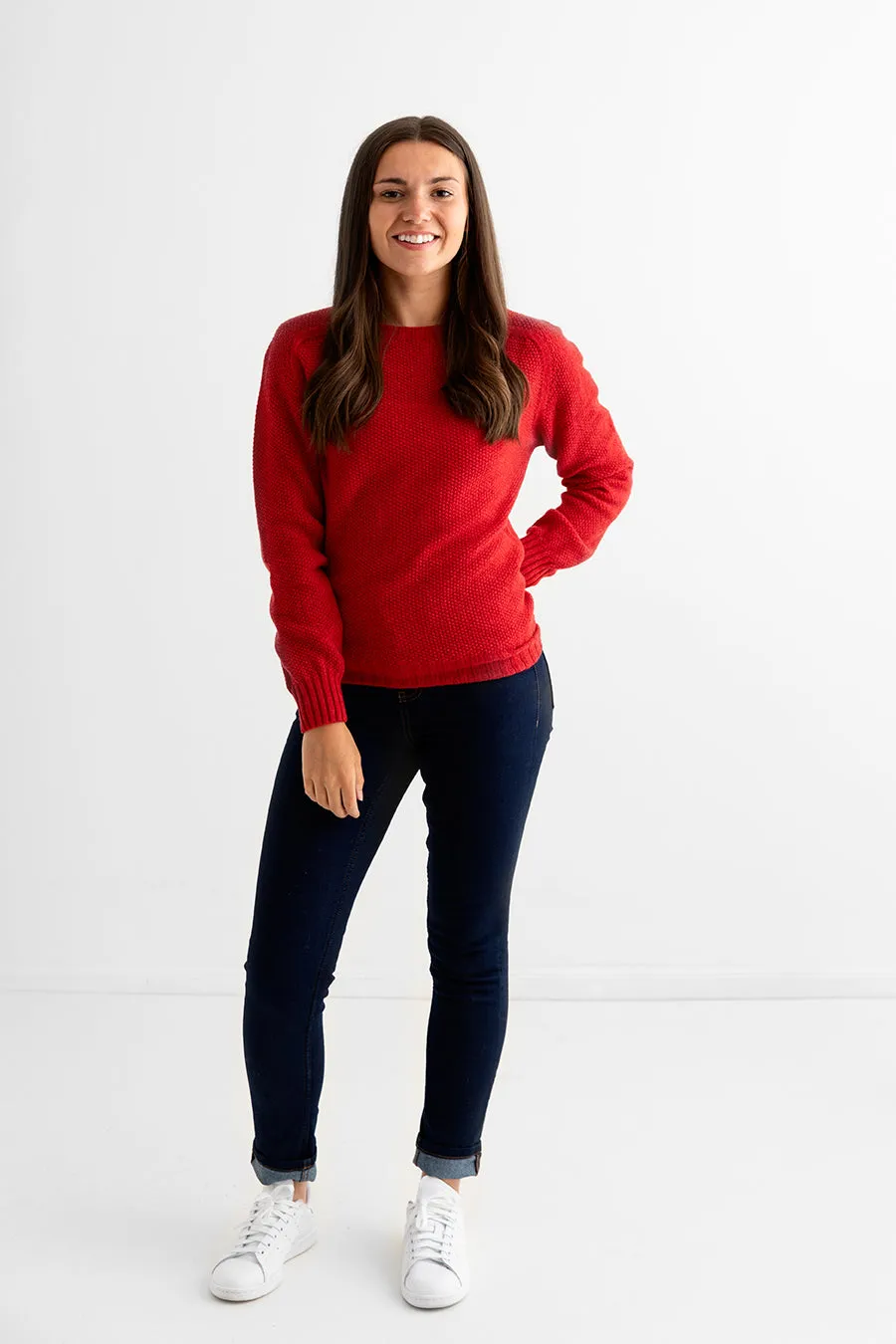 Womens Geelong Superfine Lambswool Moss Stitch Jumper - Red