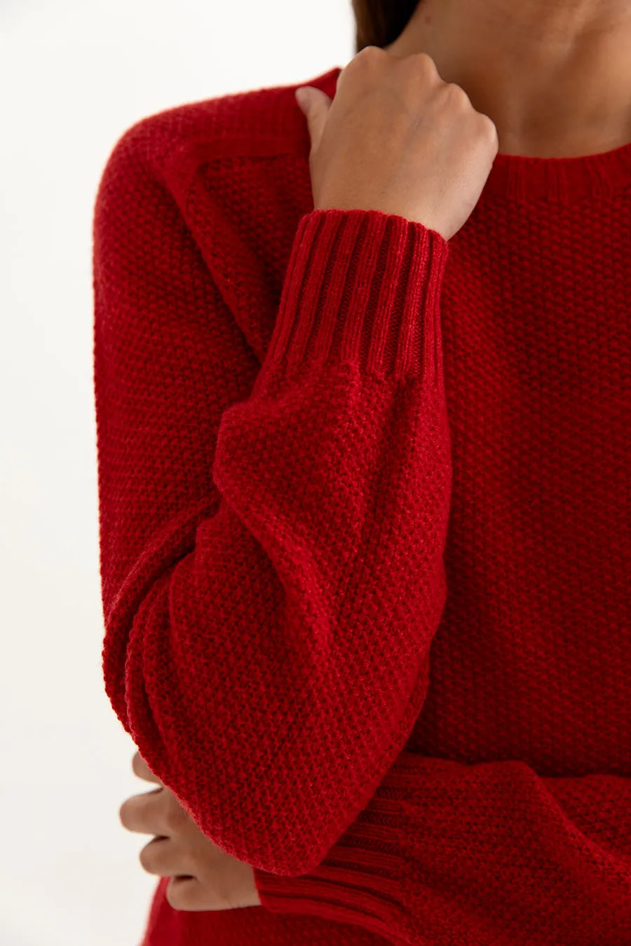 Womens Geelong Superfine Lambswool Moss Stitch Jumper - Red